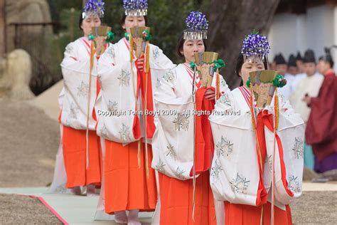 Miko Shrine Maidens Perform A Special Shinto Ritual During The Annual