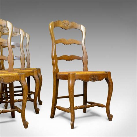 Set Of Four French Antique Dining Chairs Country Kitchen Oak Rush