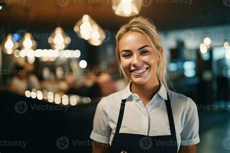 Ai Generative Smiling Female Waitress Take Order Talk To Clients Cafe Restaurant Visitors Couple