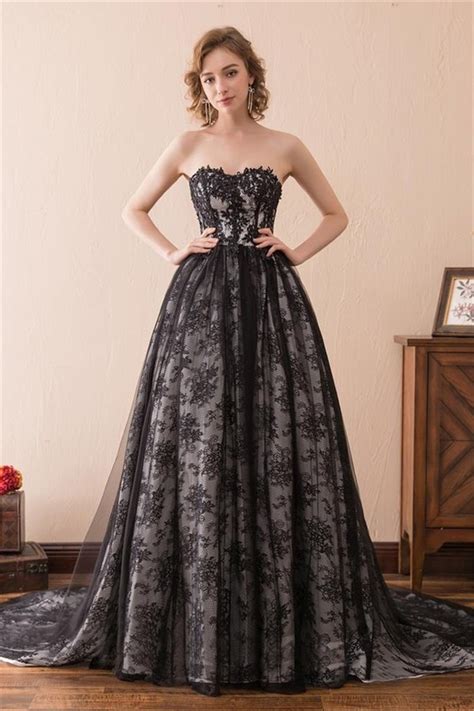 Charming Strapless Corset Back Black Tulle Lace Occasion Prom Dress With Train Blackdress