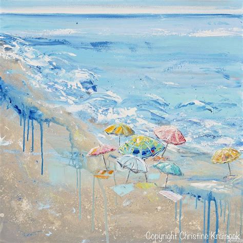 Original Art Abstract Painting Beach Umbrellas Blue