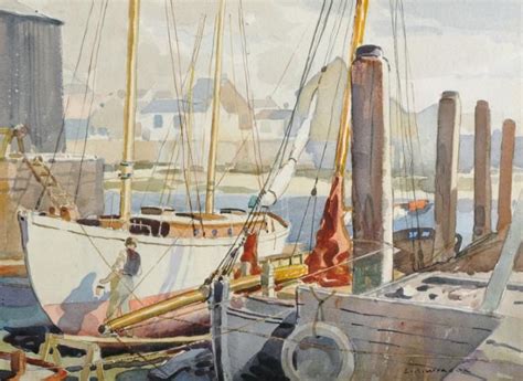 Watercolor Painting Of Sailboats Docked At Pier With Buildings In The