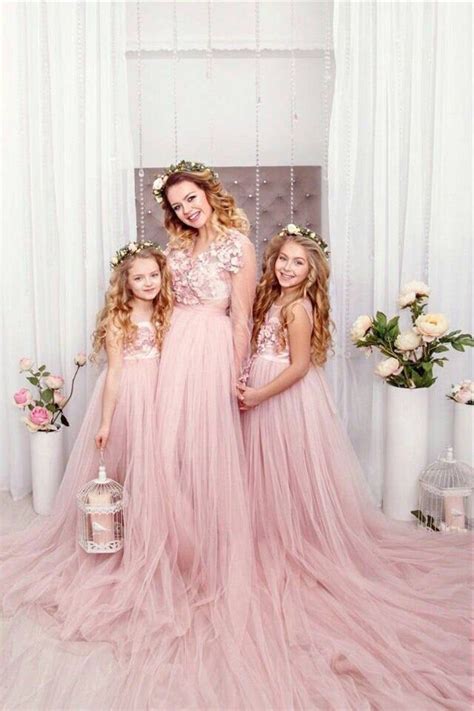 Pink Blush Mother Daughter Matching Train Lace Dress For Photoshoot