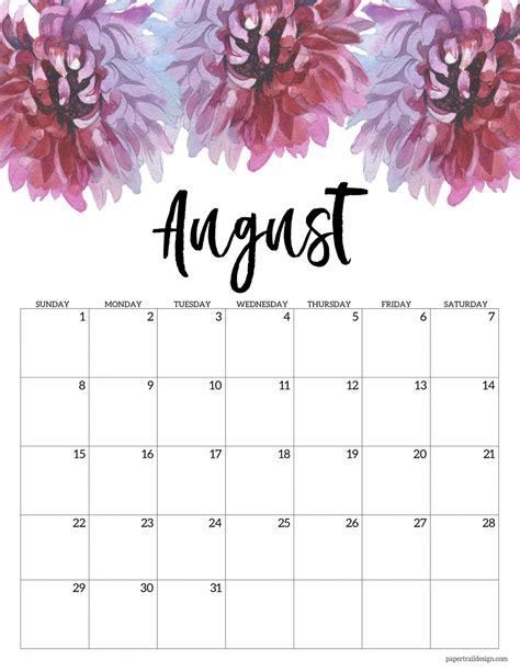 August 2021 Printable Calendar With Flowers Best Calendar Example