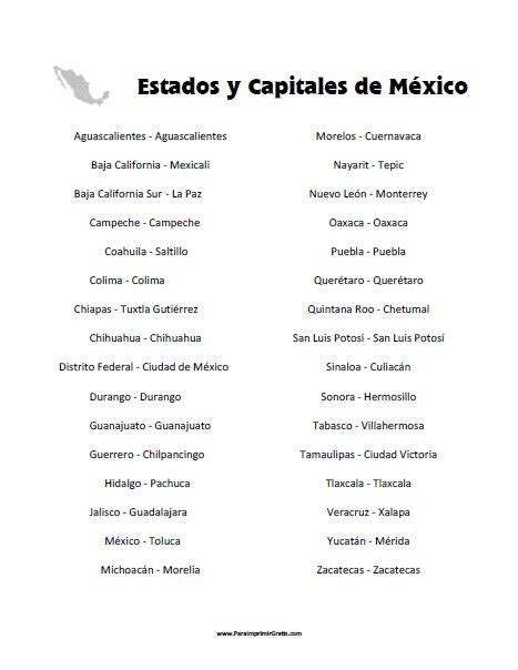 Lista De Estados Y Capitales De México Para Imprimir Gratis