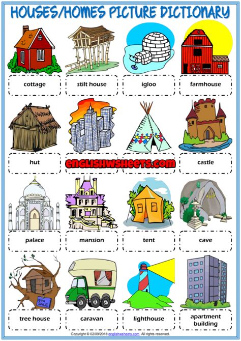 Types Of Houses Esl Picture Dictionary Worksheet For Kids