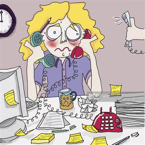 Stressed Receptionist Busy With Telephones At Her Desk High Res Vector