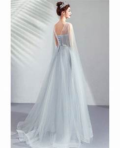 Flowy Grey Aline Long Prom Dress With Beading Cape Sleeves