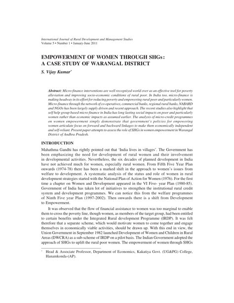 PDF EMPOWERMENT OF WOMEN THROUGH SHGs A CASE STUDY OF WARANGAL DISTRICT