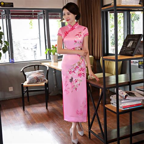 pink vintage print chinese traditional women satin dress sexy long slim mandarin collar qipao