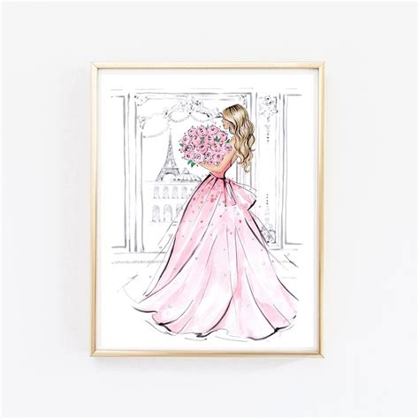 Girly Watercolor Fashion Art Of Girl In Gown Dress With Peony Bouquet