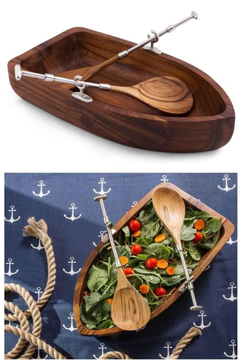 Vagabond House Row Boat Shaped Acacia Wood Salad Bowl With Matching Oar Severs Set 16 Inch Long