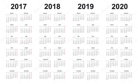 Calendario 2017 2018 2019 2020 Diseño Simple — Archivo Imágenes
