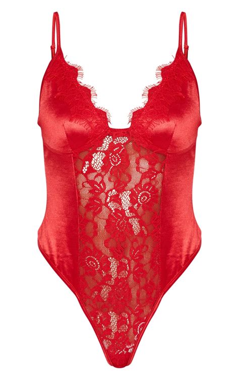 Red Satin Lace Insert Body Lingerie Prettylittlething Ie