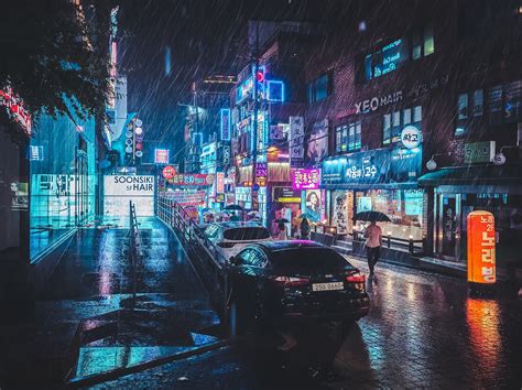 South Korea Rain Neon Photography Car Cityscape City Lights City
