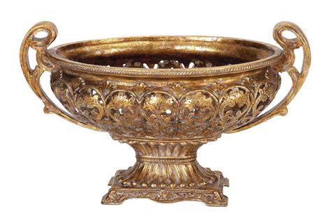 Decmode 10 Round Ornate Gold Polystone Decorative Bowl With Handles