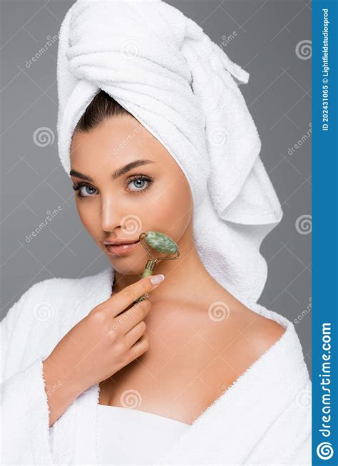 Woman With Towel On Head Using Stock Image Image Of Towel Massage