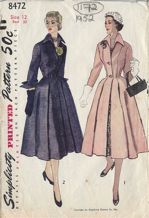 1952 Vintage Sewing Pattern B30 Coat 1172 Simplicity 8472 Etsy 1950s