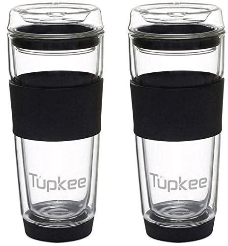 tupkee double wall glass tumbler insulated tea coffee mug and lid hand blown glass 14 ounce