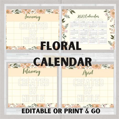 Floral Yearly Calendar Editableprint And Go Etsy