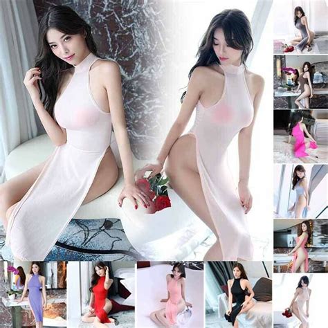 Womens Sexy High Side Split Lingerie Dress Sheer Cheongsam Backless