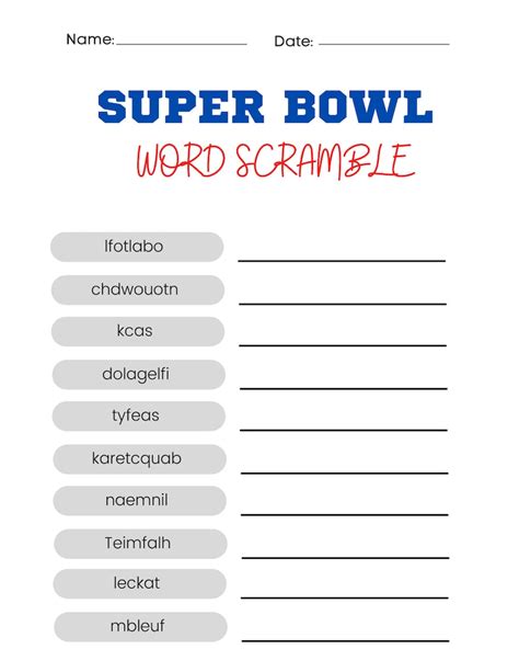 Super Bowl Word Scramble Printable Game Etsy