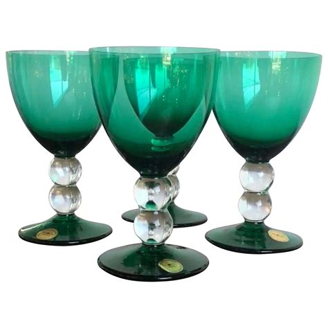 Block Crystal Set Of 4 Emerald Green Blown Goblets With Clear Bubble