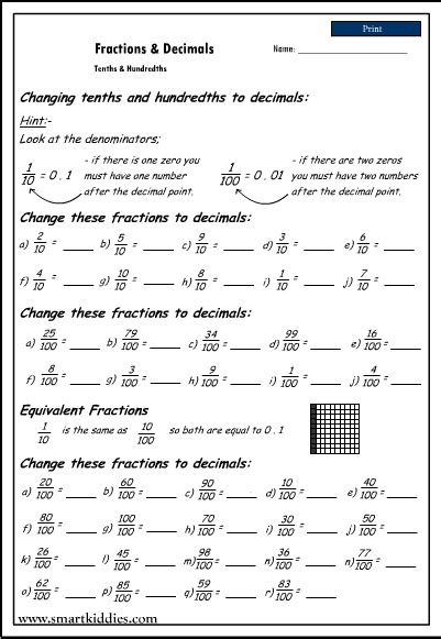 Mixed Numbers To Decimals Tenths And Hundredths Worksheet