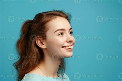 Profile Side View Portrait Of Attractive Cheerful Girl Demonstrating Copy Space Ad New Isolated