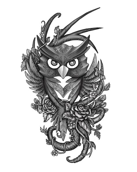 Grey Owl Sotting On Flowered Branch Tattoo Design By