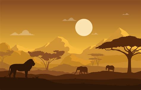 Lion And Elephants In African Savanna Landscape Illustration 2046731