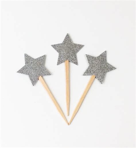 12 Silver Glitter Star Cupcake Toppers Silver Star Food Etsy