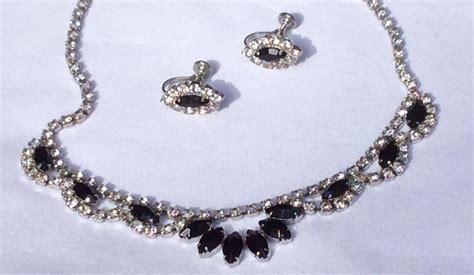 Vintage 1950s Black And Clear Rhinestone Necklace And Earring Set From