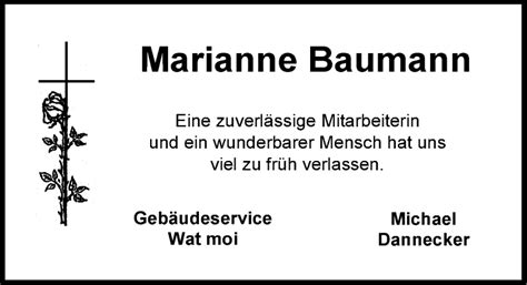 Traueranzeigen Von Marianne Baumann Nordwest Trauer De