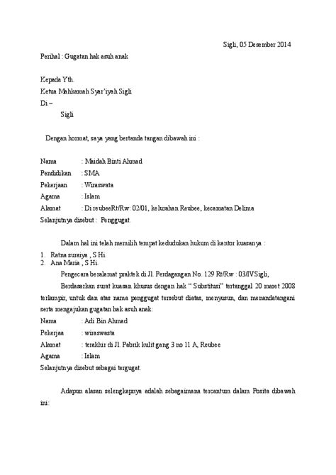 Hak penjagaan anak untuk ibu akan dapat semula jika perkahwinan dengan lelaki itu dibubarkan. (DOC) Surat Gugatan Hak Asuh Anak | Muazzin El-wafaiy ...