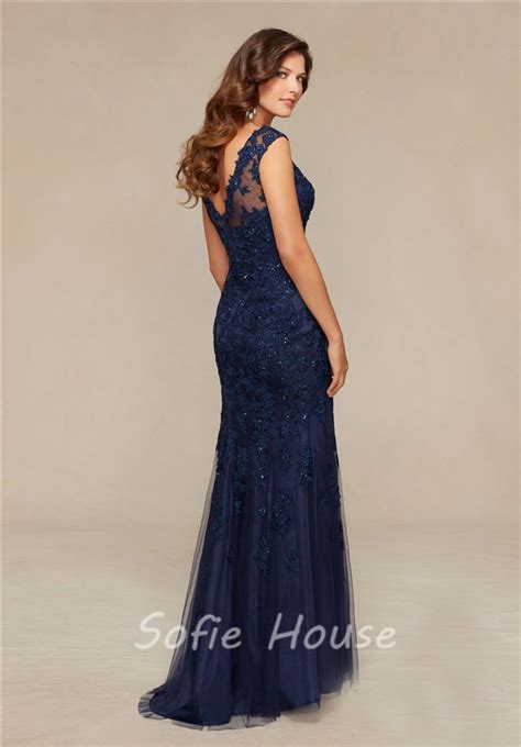 Mermaid Boat Neck Navy Blue Tulle Lace Beaded Special Occasion Evening