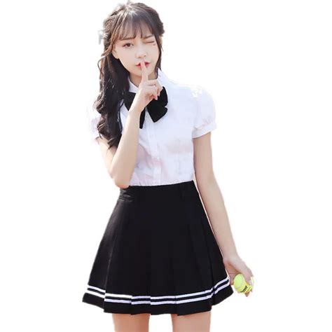 Japanese School Uniforms Set Women Summer Short Seeve White Shirt Black