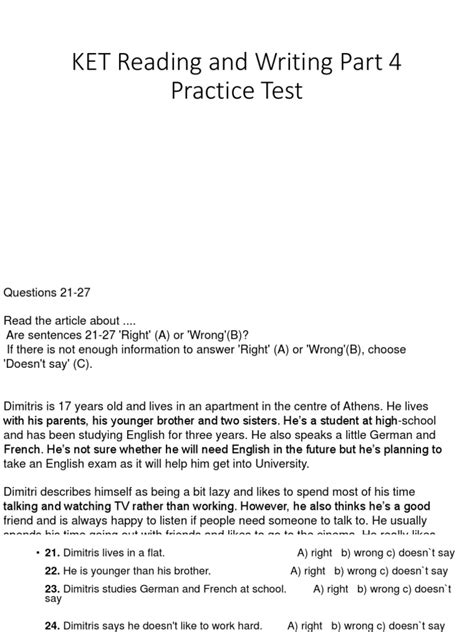 Ket Reading And Writing Practice Pdf Dorothy James Reading Worksheets