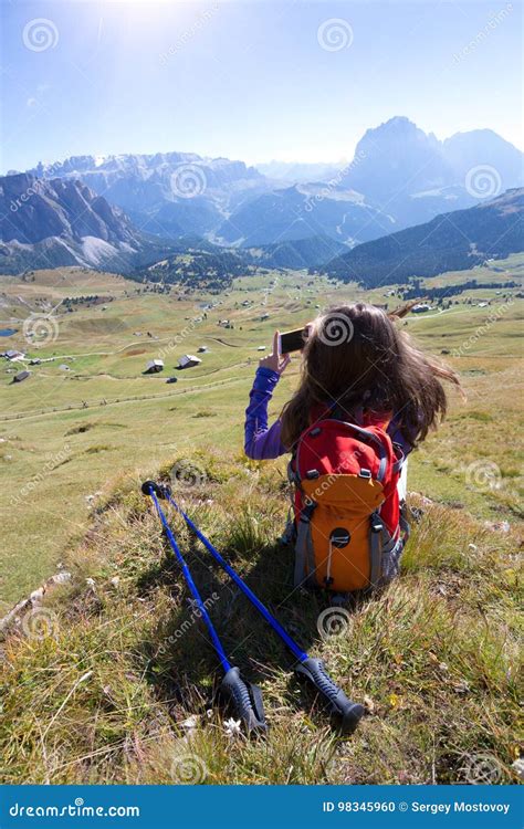 Tourist Girl At The Dolomites Stock Photo Image Of Hiker Rock 98345960