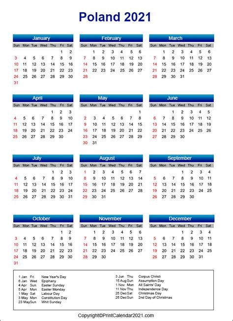 Islamic festival calendar also contains in imsak calendar. Poland Holidays Calendar 2021