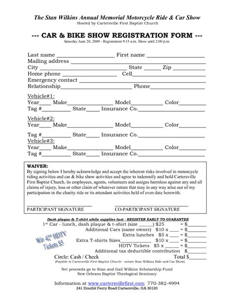 Car Show Registration Form Templates Word Excel Fomats