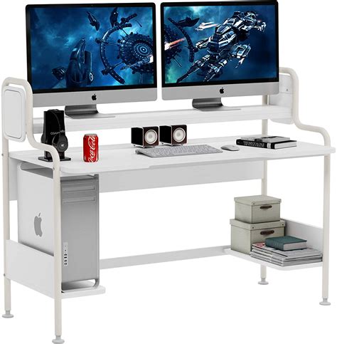 White Computer Desk With Hutch 55 Inch Large Gaming Desk With Storage