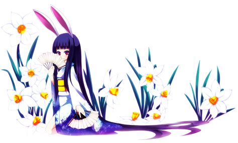 Akino Sora Animal Ears Black Hair Blue Hair Fan Flowers Japanese