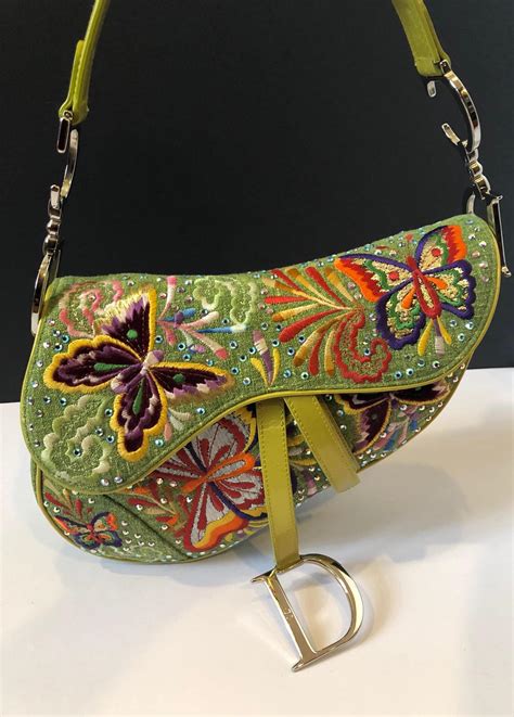 Dior Embroidered Saddle Bag Leather And Linen Floral Butterflies Limited
