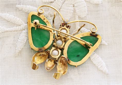 Vintage 14k Gold Jadeite Jade Butterfly Pin Brooch Cultured Etsy