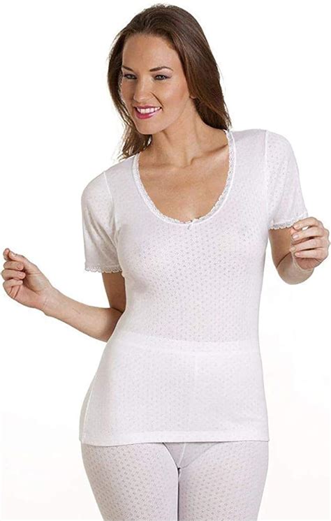 Ladies Thermal Underwear Short Sleeve Vest Womens T Shirt White Delux Top Winter Warm Base