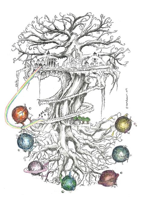 Tree Of Life Digital Download Fantasy Ink Drawing Artwork Norse Mythology Yggdrasil And The