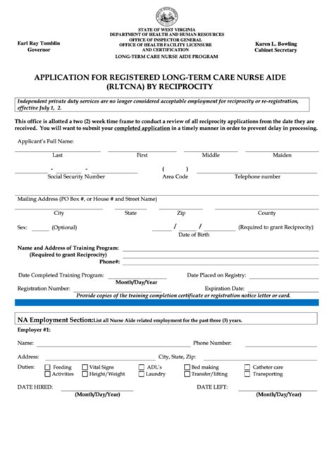 Application For Registered Long Term Care Nurse Aide Rltcna By