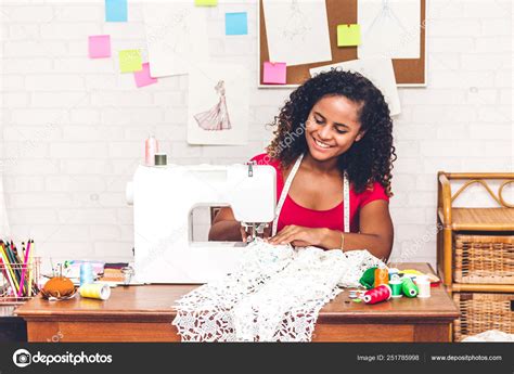 Smiling African American Black Woman Fashion Designer Working At