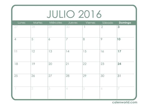 Calendario Julio 2016 Calendarios Para Imprimir